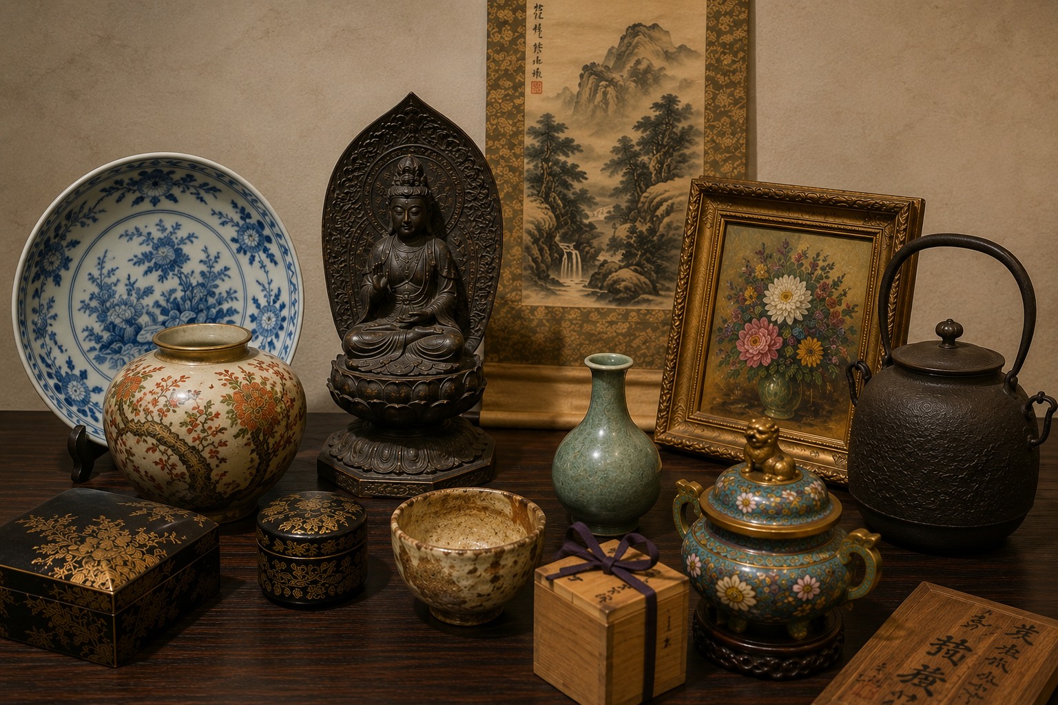 掛け軸、陶器、仏像、絵画などの美術品と骨董品